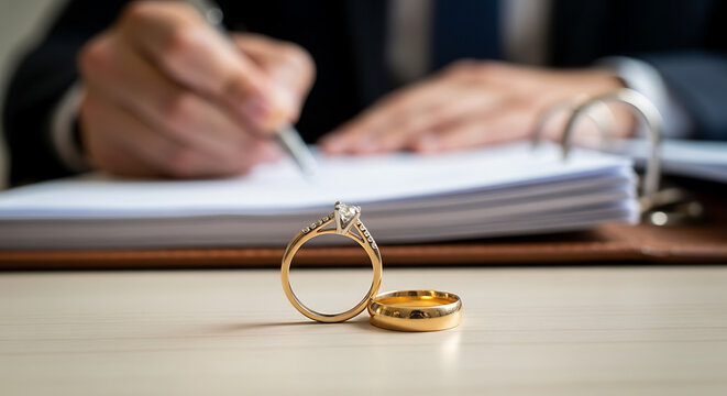 Wedding rings closeup with person signing divorce decree document
