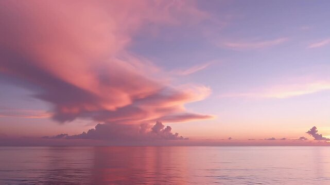 Stunning twilight sky ablaze with magnificent pink and purple clouds, softly mirrored on the tranquil ocean surface, creating a peaceful natural spectacle at dusk