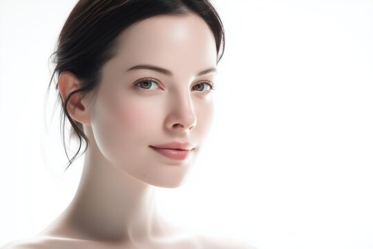 A close-up portrait of a woman with a serene expression, showcasing natural beauty and soft lighting.