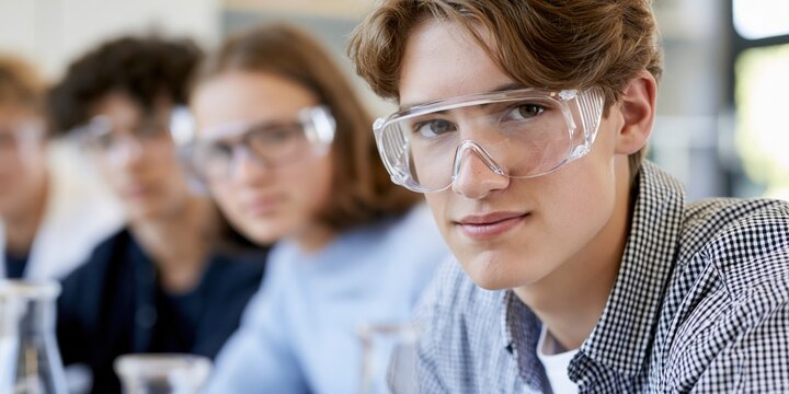 A young teen wearing safety glasses looks confidently towards the camera in a science classroom, highlighting focus and curiosity in an educational environment filled with learning.