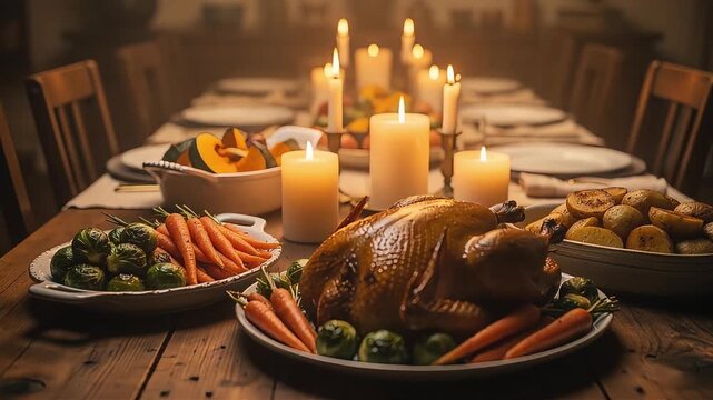Thanksgiving Turkey Dinner Celebration on Wooden Table
