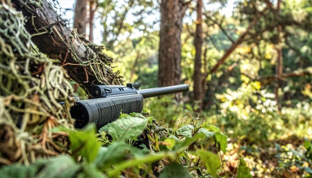 Sniper rifle with suppressor peeking through camouflage in a dense forest setting