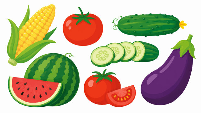 夏野菜ベクターイラストセット（トウモロコシ・トマト・きゅうり・なす・スイカ）