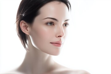 Fototapeta premium A serene portrait of a woman with flawless skin and a gentle expression against a soft, bright background.
