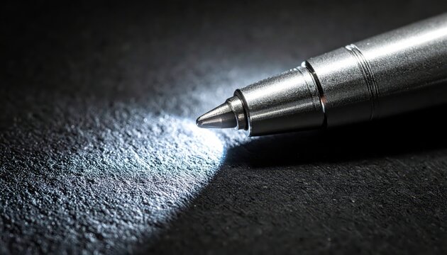 Small silver penlight emitting a bright focused beam of light across a dark textured surface