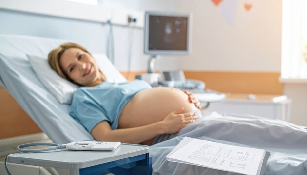 Smiling pregnant woman undergoing medical ultrasound examination in a hospital room with equipment nearby