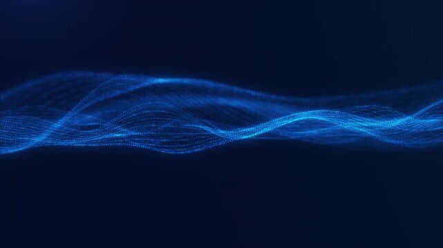 Cyan digital data wave surface with glowing lines and particles on dark background, abstract AI network loop for technology and science visuals