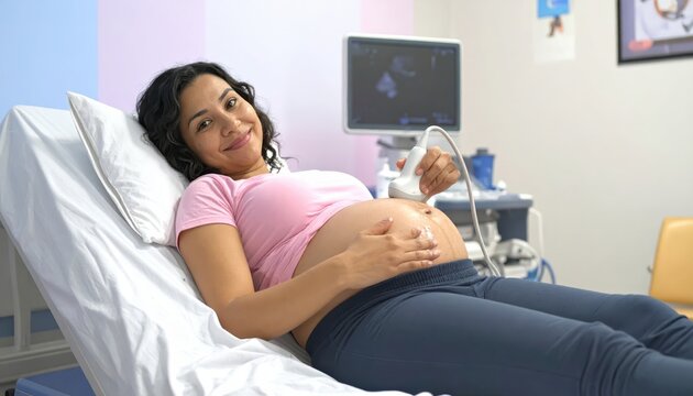 Smiling pregnant woman undergoing ultrasound examination with a medical probe on her belly