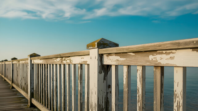 Weathered wooden pier railing overlooking calm sea under blue sky with scattered clouds, long perspective view.