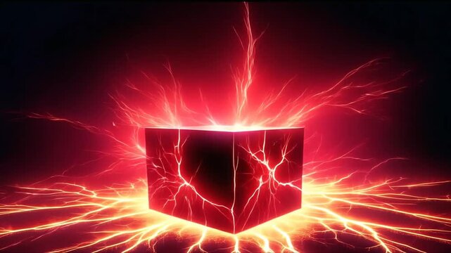 Mysterious futuristic black box surrounded by electric lightning changing from cold blue to glowing red, concept of hidden power, transformation, innovation, energy and unknown technology