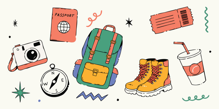 travel essentials doodle illustration backpack camera passport