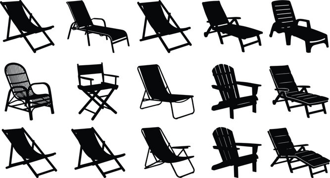 Collection of various deck chairs and lounge chairs in silhouette, perfect for outdoor furniture, patio, and poolside leisure and relaxation designs