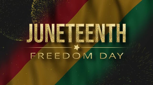 Juneteenth Freedom Day celebration video featuring glittering gold text animation, festive fireworks effects, and a flowing red, yellow, and green background. Emancipation Day.