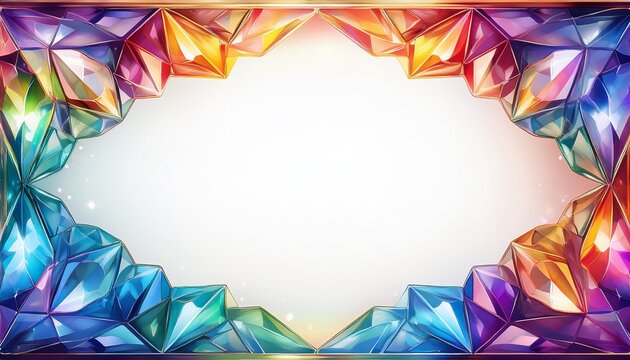 brilliant diamond crystal formation creating luminous rainbow prism border frame with central white space