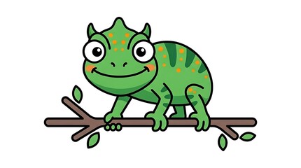 Fototapeta premium Cartoon Chameleon Sitting on Tree Branch.