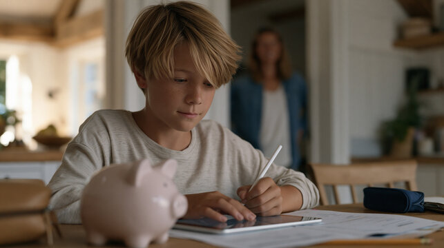Middle schooler earning digital badges on financial literacy gamification app, kitchen table after school, parent watching proudly from doorway, late-August homework setup, piggy bank and pencil cas