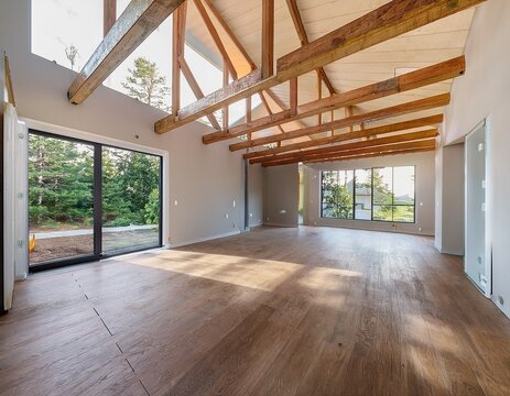 the interior of a modern home extension under renovation with exposed beams and natural light flooding in