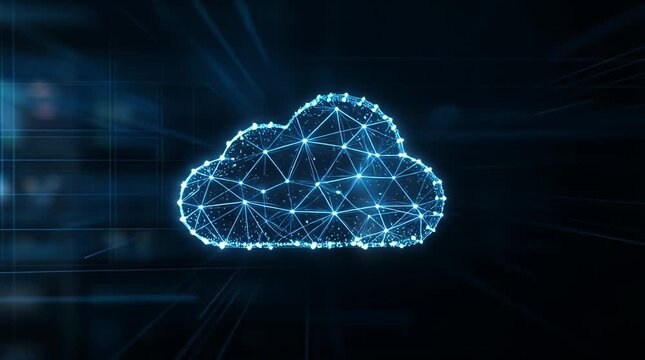 Glowing Holographic Cloud Icon Assembled in Dark Digital Environment
