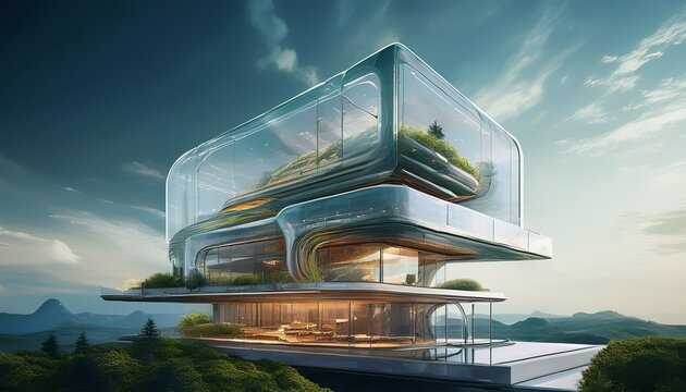 transformation architecture with glass like layers in a landscape under the sky