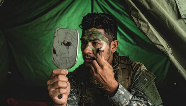Soldier applying camouflage face paint in a cracked mirror, preparing for duty