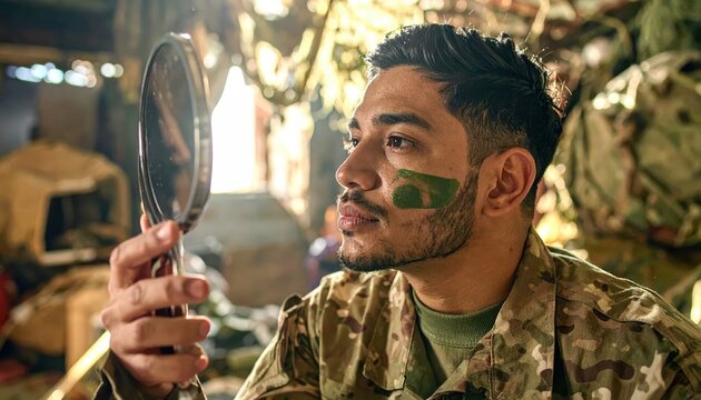 Soldier applying camouflage face paint using a small mirror for tactical preparation