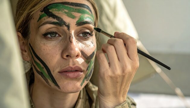 Soldier applying green and black camouflage face paint with a brush, preparing for tactical operations and duty