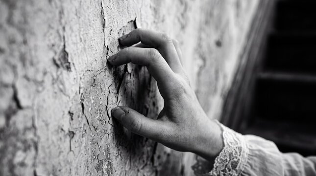 A hand with lace cuff claws lightly at a cracked, peeling wall. It delivers a visceral feeling of desperation, decay, and a haunting, fragile longing for escape.