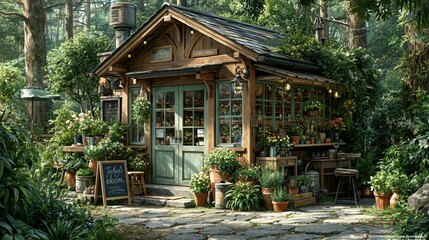 Obraz premium Charming rustic wooden cottage shop nestled in a lush green forest, displaying vibrant potted plants and flowers