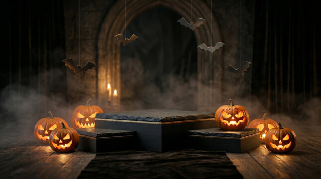Empty product podium with Halloween pumpkins and bats on dark stage background