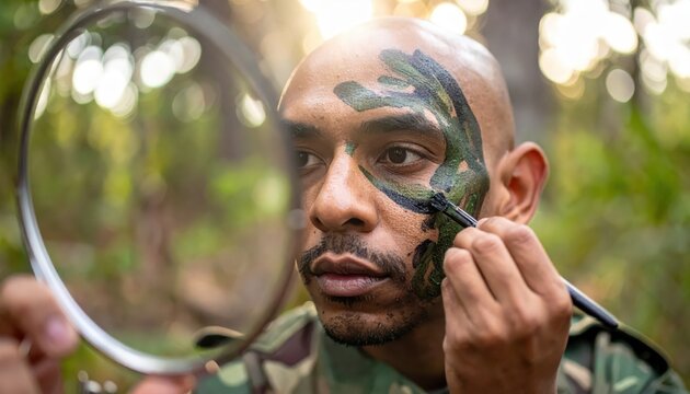 Soldier meticulously applying green and brown camouflage face paint using a compact mirror for tactical preparation in an outdoor setting.