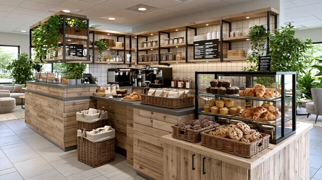 Modern and Cozy Coffee Shop Interior with Displayed Baked Goods and Lush Green Plants