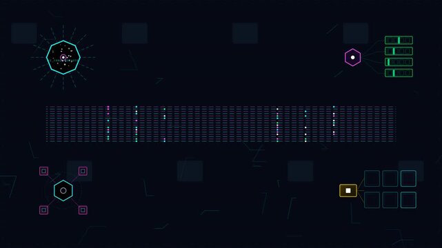 Futuristic digital motion featuring dynamic data visualization with glowing interface elements and animated graphs for technology and science themes.