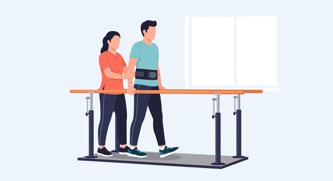 Physical Therapy Rehabilitation Illustration: Patient Walking on Parallel Bars with Therapist Support