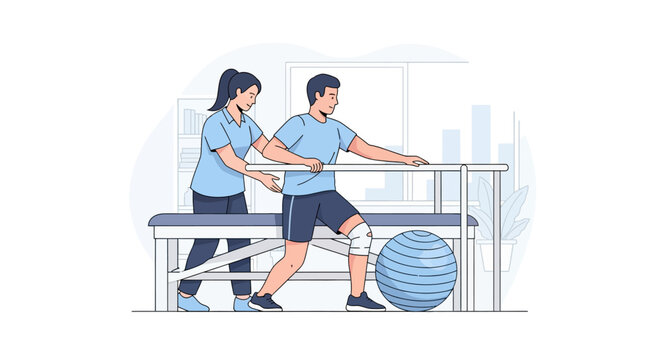 Physiotherapy Rehabilitation Session with Patient and Therapist for Knee Injury Recovery