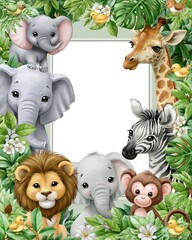 Obraz premium Cute cartoon safari animals and tropical leaves frame with empty space for text