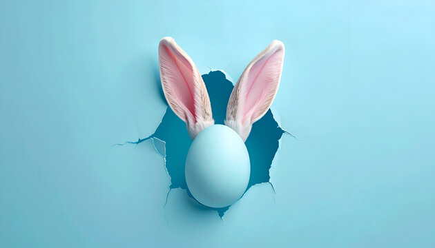 Easter Egg with Bunny Ears Peeking Through Torn Paper.