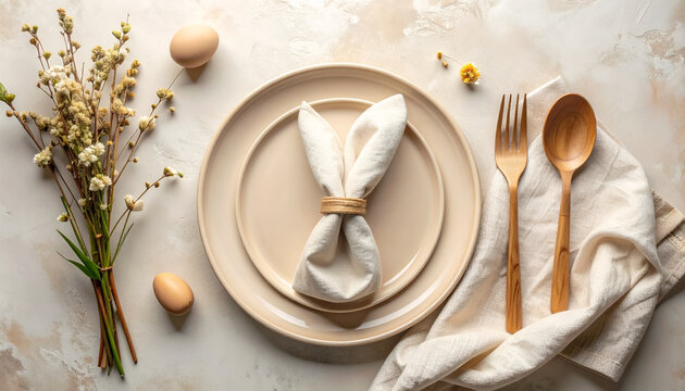 Elegant Easter Table Setting with Bunny Napkin and Spring Flowers.