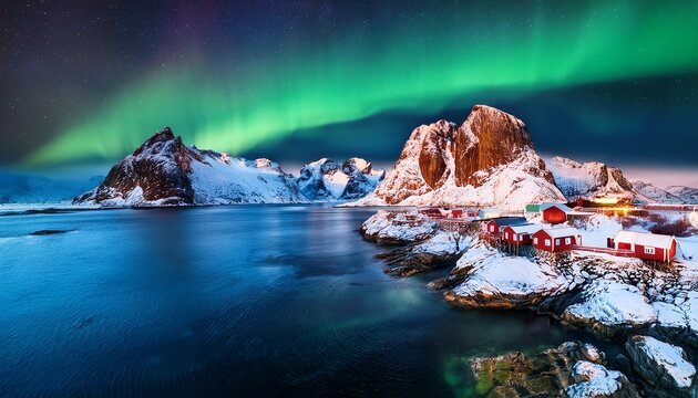 aurora borealis over hamnoy in norway