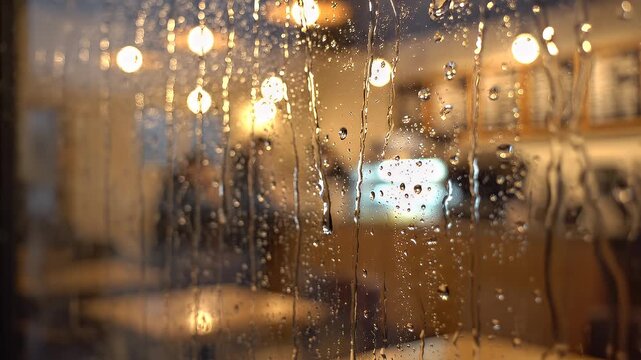 Rainy day view through a cafe window, with blurred lights and warm reflections creating a serene and cozy urban atmosphere