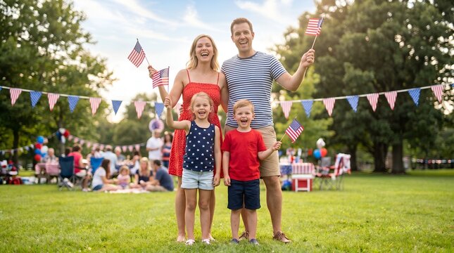 Happy Caucasian Family with Two Children Holding American Flags Celebrating Independence Day Outdoors in a Park Concept of Patriotism and Summer Holiday Celebration