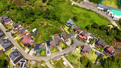 Aerial drone view of green farmland and rural landscape in Seongsan Jeju Island South Korea © 은수 조