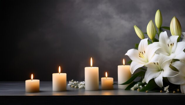 funeral banner design showcasing lit candles and white lilies against a gray backdrop