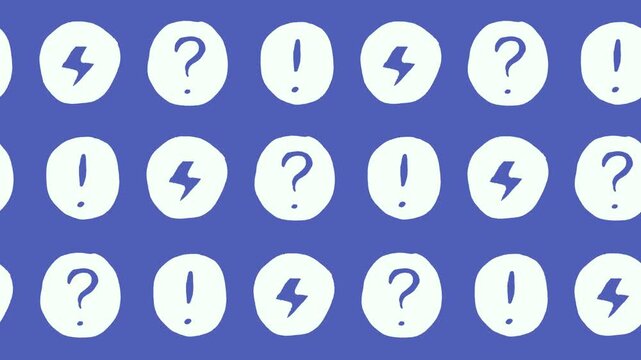 Seamless pattern of hand-drawn punctuation and lightning bolt icons on a blue background animation for creative scribble chat and help center alerts wallpaper element concept.