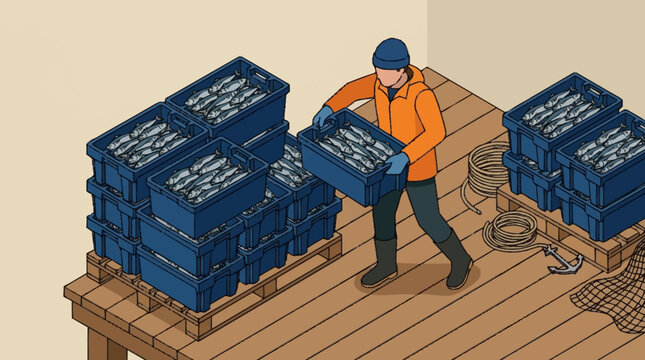 Man stacking blue crates on wooden dock.