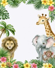 Obraz premium Charming Watercolor Jungle Animals and Tropical Flowers Border Design for Invitations and Decorations