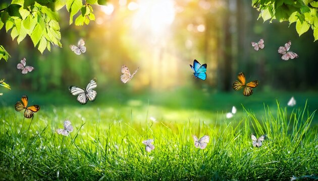 seasonal forest glade during spring or summer with vibrant grass and butterflies