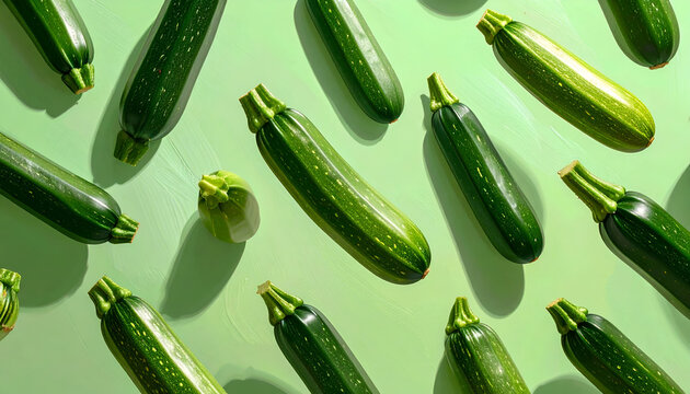 Fresh Zucchini Vegetables Arranged in a Pattern on a Green Background.