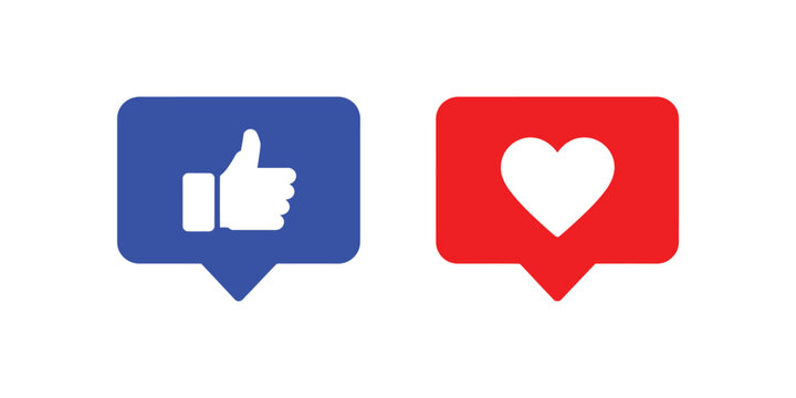 Like and love icon button set featuring thumbs up and heart in speech bubble shapes for social media reactions vector illustration