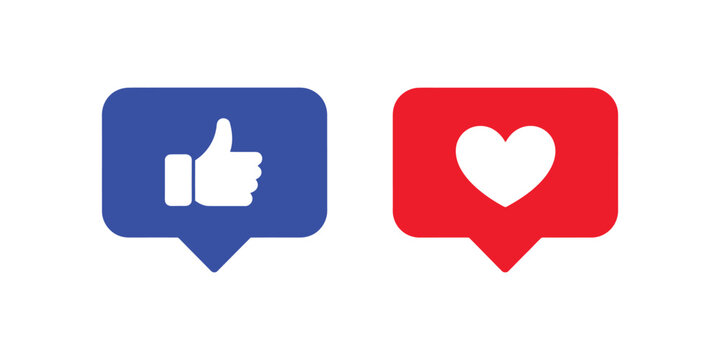 Social media reaction icons collection with like thumbs up and love heart buttons in modern speech bubble design vector style