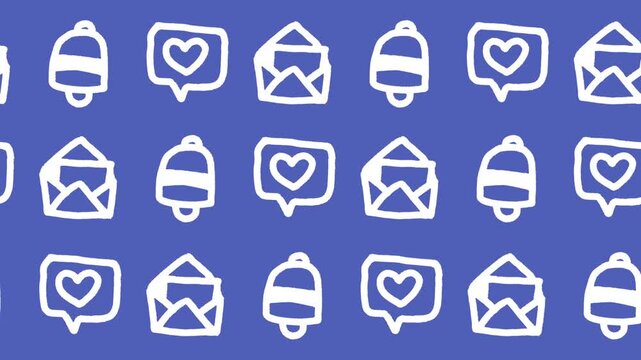 Seamless pattern of hand-drawn open envelopes, heart speech bubbles, and notification bells on a blue background animation for social media wallpaper and digital communication line art.